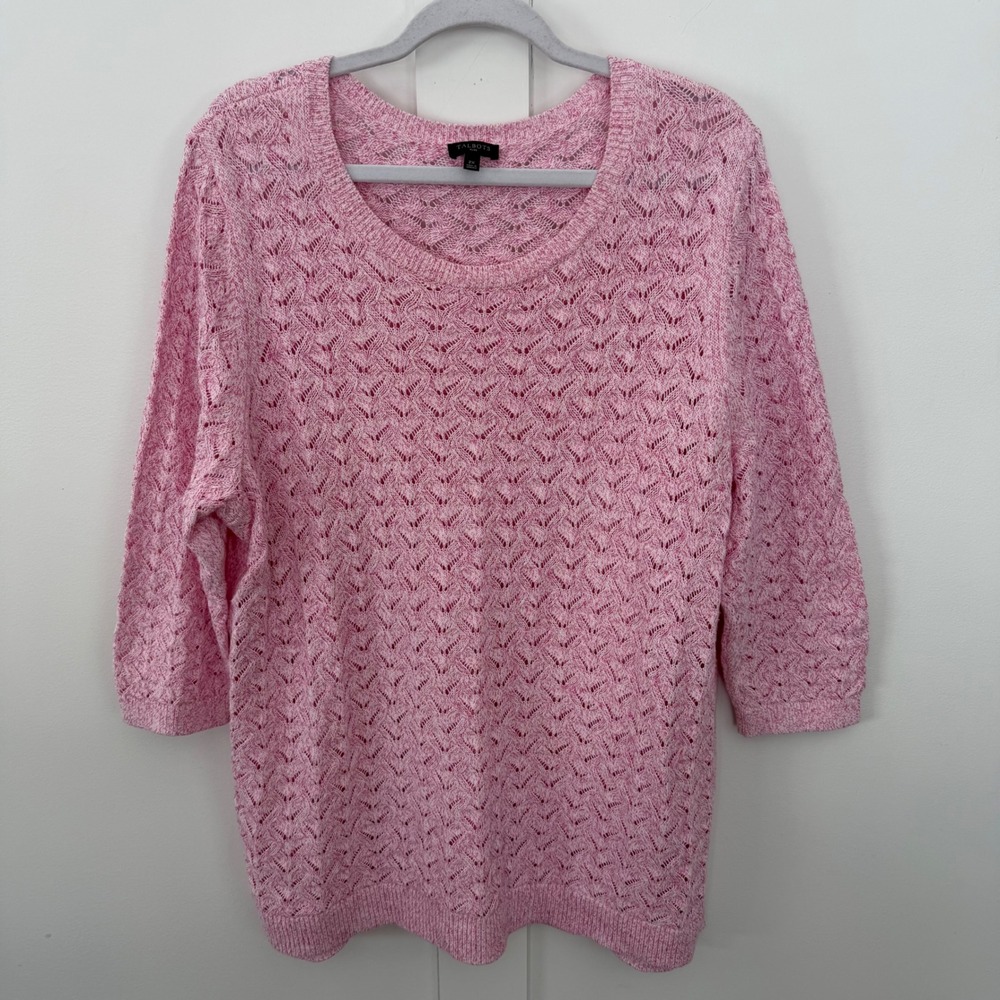 Talbots Plus Pink Pointelle Sweater Lightweight Cotton Linen Open Knit  2X